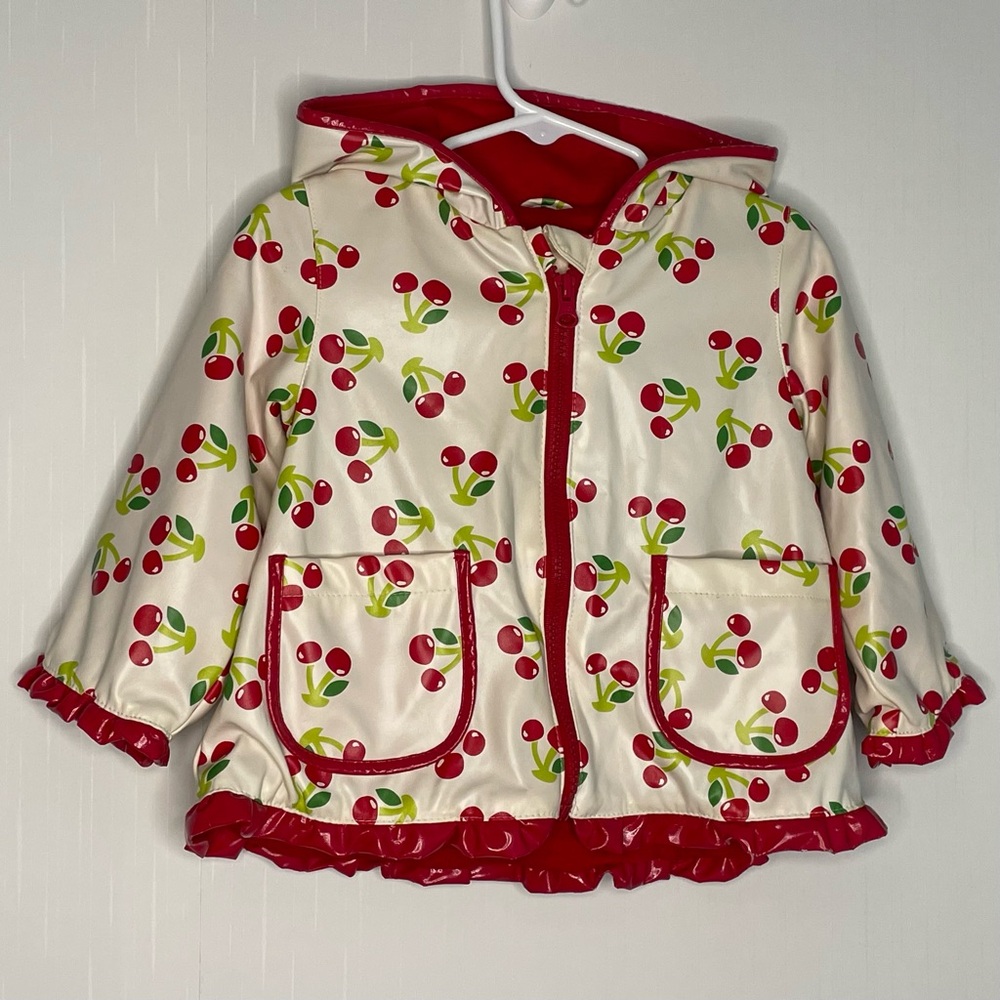 Oshkosh B’gosh Girls Cherry Ruffle Raincoat Hooded Lined 12 Months